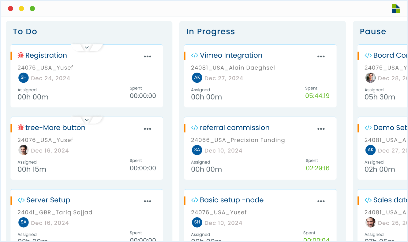Kanban task management view in employee time tracking software