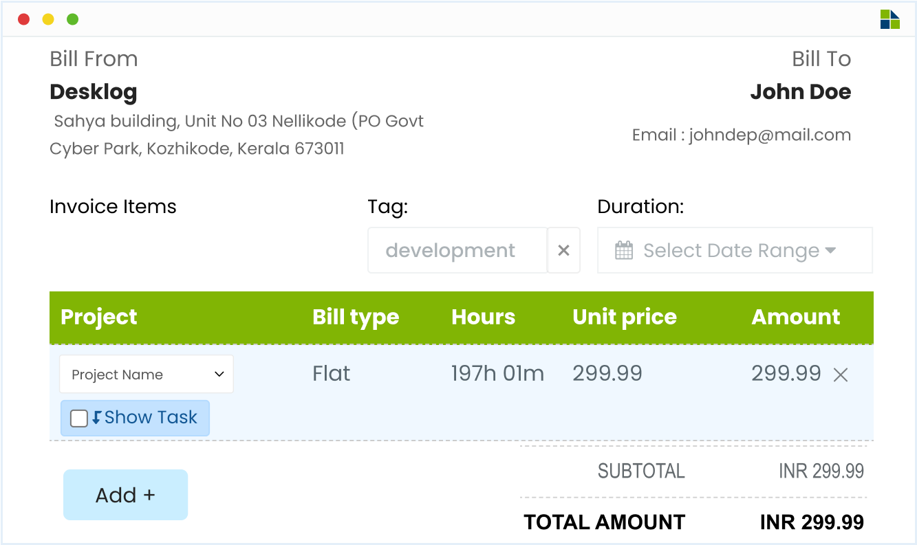 Project billing dashboard in time tracking software with invoices and tracked work hours