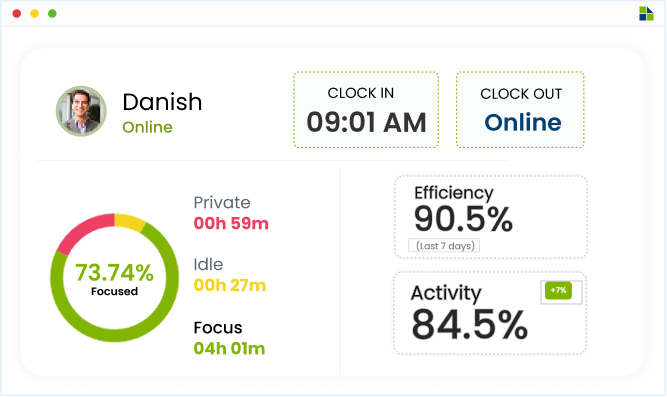 Clock-in and clock-out dashboard of time tracking software