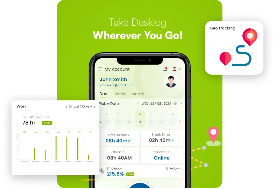 Mobile time tracking software app with geo tracking, attendance monitoring, and real-time employee productivity insights