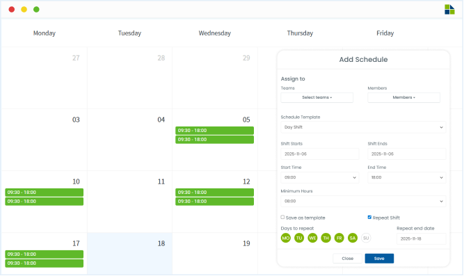 Shift management dashboard of time tracking software for employee scheduling and workforce planning