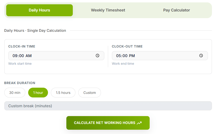 Daily Work Hours Calculator Interface