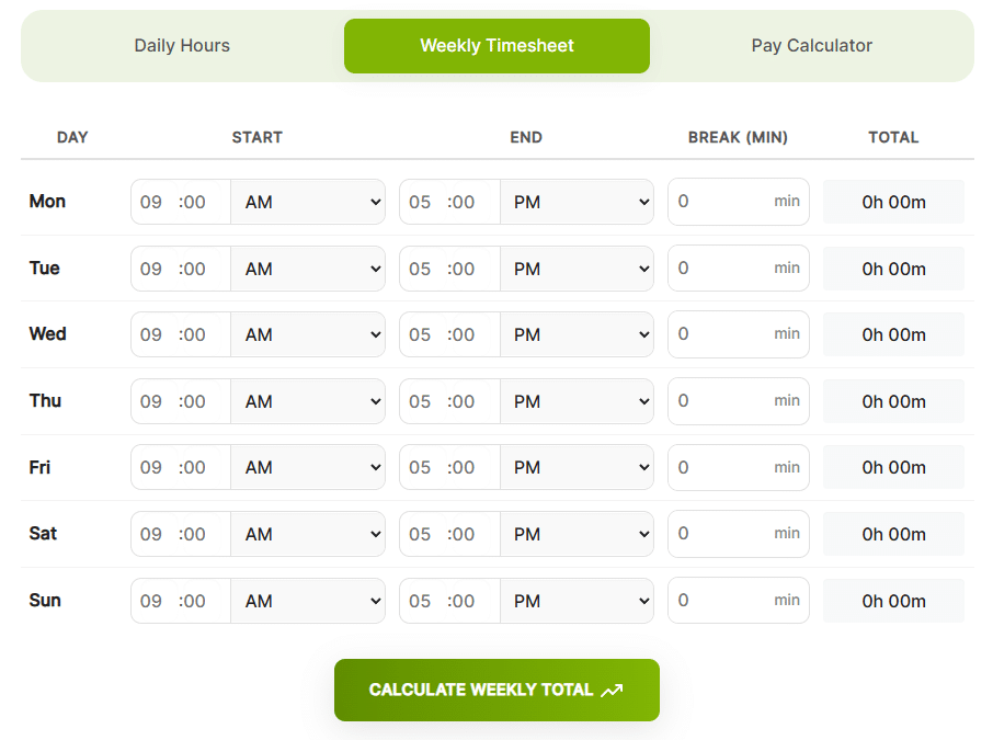 Weekly Work Hours Calculator Interface