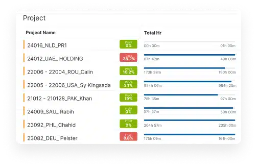 Project analytics dashboard in time tracking software showing profit and loss insights,