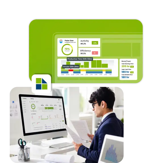 Employee monitoring software analyzing work activity, productivity trends, and employee performance